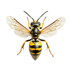 Close-up of a wasp with detailed yellow and black striped body, translucent veined wings, and segmented antennae. Png, Transparent background.