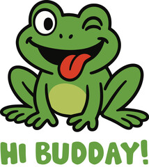 Playful Winking Frog Saying Hi Budday! Cartoon Greeting Illustration

