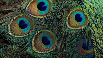 Fototapeta premium Close-up of peacock feathers,Peacock macro feathers. Blue green glowing surface nature texture exotic bird vibrant color. Beautiful decorative iridescent background close up photo
