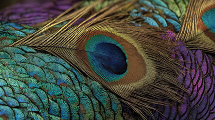 Fototapeta premium Close-up of peacock feathers,Peacock macro feathers. Blue green glowing surface nature texture exotic bird vibrant color. Beautiful decorative iridescent background close up photo