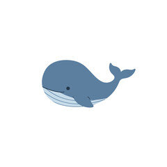 Simple, stylized blue whale with white stripes on stomach; minimal details, cartoonish aesthetic