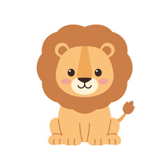 Cute lion with a brown mane and pink cheeks, illustrated in a flat, cartoon style on white