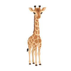 Cute cartoon giraffe facing forward with brown spots on tan fur and dark brown ossicones