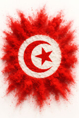 Red and white Tunes flag design. Vibrant red powder bursts outward from the center, creating a dynamic, visually striking image.