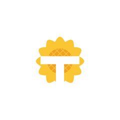 Stylized half sunflower with textured center and a white bar across the flower on a white background