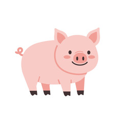 Illustration of a cute piglet with a curly tail and smiling expression on a white background