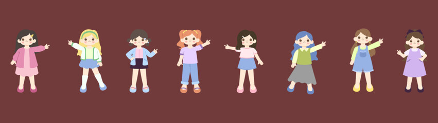 collection of cute girl pointing their finger. hand gesture