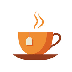 Orange mug of hot tea with a tea bag and steam on a white background, vector art