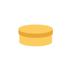 Cylindrical ochre-colored box with slightly darker lid on white background, perspective shot