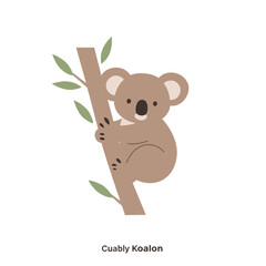 Cute, stylized illustration of a koala clinging to a tree branch, simplified shapes and neutral colors