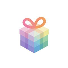 A colorful gift box with a bow, composed of a rainbow of cube shapes on white background
