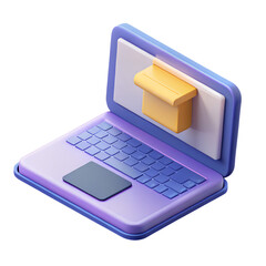 Purple laptop with 3d cartoon package online shopping