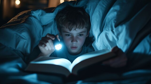 A boy reads a book under a blanket with a flashlight at night, creating an atmosphere of mystery and childhood fantasy.