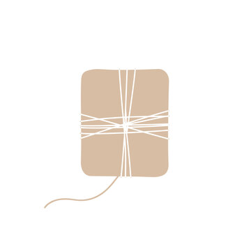 Wrapped package a box in beige tied with white string, minimal flat illustration, on white background
