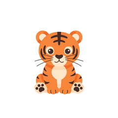 Cartoon-style tiger peeks into frame with simple shapes and contrasting orange and black stripes