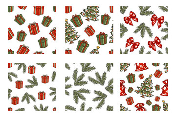 Set of seamless Christmas patterns with gifts, fir branches, bows, and decorations vector illustration