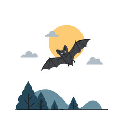 Cartoon bat flies with outstretched wings against a full moon and clouds illustration