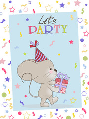 Cute Mouse with Gift and Party Hat Vector Illustration