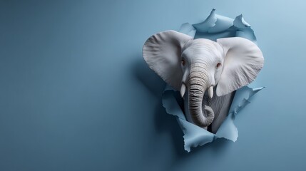 White elephant head bursts through a ripped hole in a light blue background.