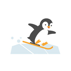 Cartoon penguin snowboards with orange feet, on icy surface, simple colors, cute animated style