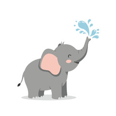 Naklejka premium Adorable grey elephant spraying water from its trunk with a happy expression against a white background