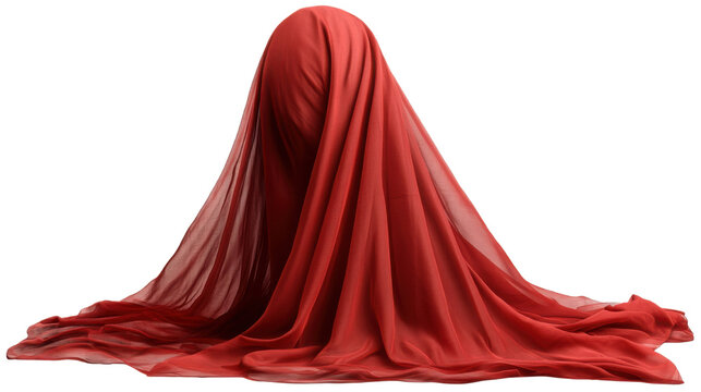 Red veil textile flowing sheer fabric soft transparent material elegant drapery fashion cloth detail isolated on white background