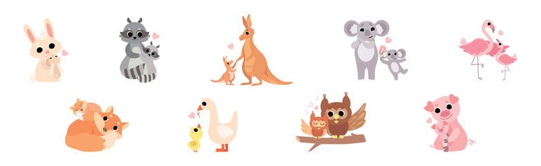 Mom and Baby Animal Together Feel Love Vector Set