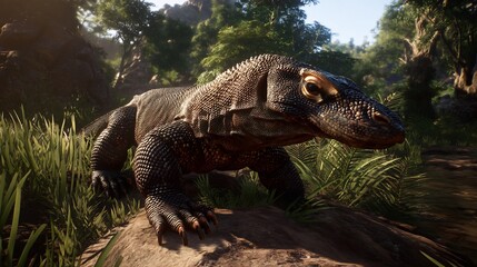Large reptile in a lush jungle environment.