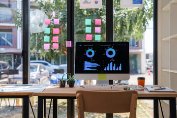 Modern workspace showing financial charts on computer screen with sticky notes and paperwork on desk in contemporary office