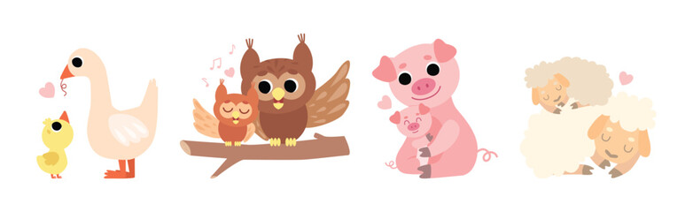 Mom and Baby Animal Together Feel Love Vector Set