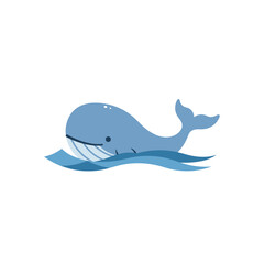 Cartoon style blue whale in the blue waves against a white background