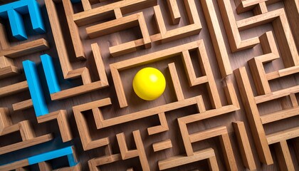 Yellow Ball In Wooden Maze Concept of Solution with Problem Solving, and Strategy.