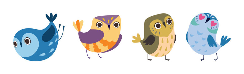 Cute Owl Bird Feathered Flying Animal with Wings Vector Set