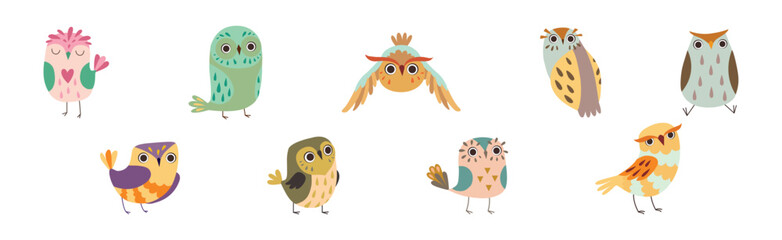 Cute Owl Bird Feathered Flying Animal with Wings Vector Set