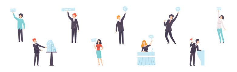 Public Auction Sale with People Character Bidding and Buying Goods Vector Set