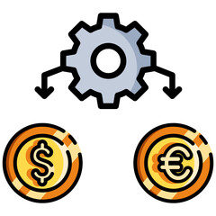 Made in uk gear connected to dollar and euro coins symbolizing global trade vector icon.