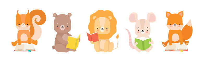 Cute Animals Reading Book in Hard Cover Enjoying Interesting Story Vector Set
