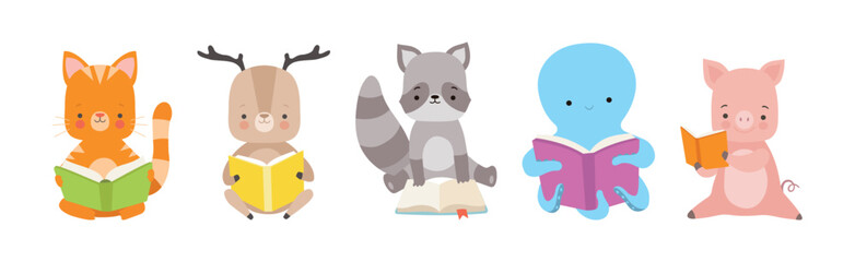 Cute Animals Reading Book in Hard Cover Enjoying Interesting Story Vector Set