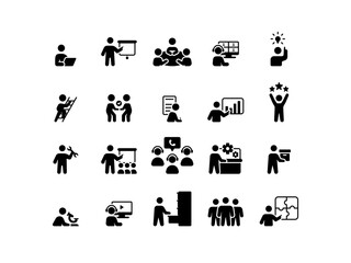 People activity iconography set. Various simple illustrations, including: remote, teaching, conference, meeting, brainstormin, climbing, deal, call center, group, leader, rating, statistic, data, etc.