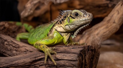Close-up of a vibrant green iguana resting on a piece of driftwood.