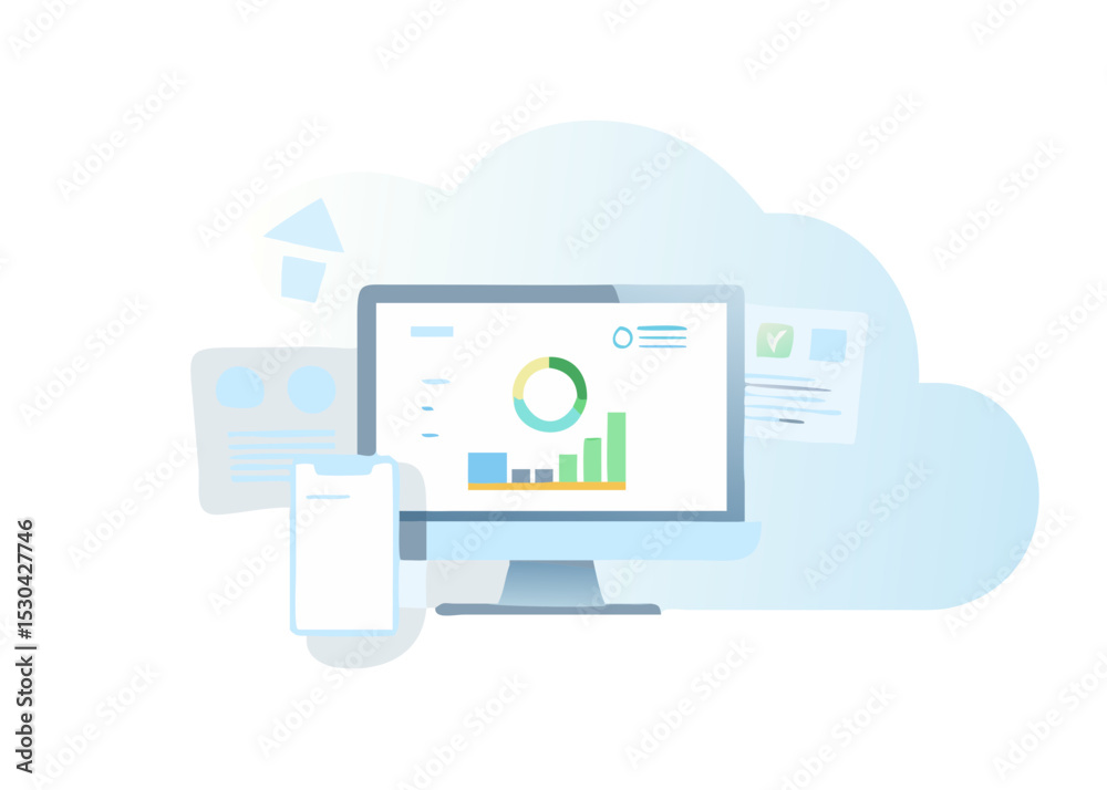 Poster cloud computing and data analytics illustration with monitor smartphone documents and cloud shape fo