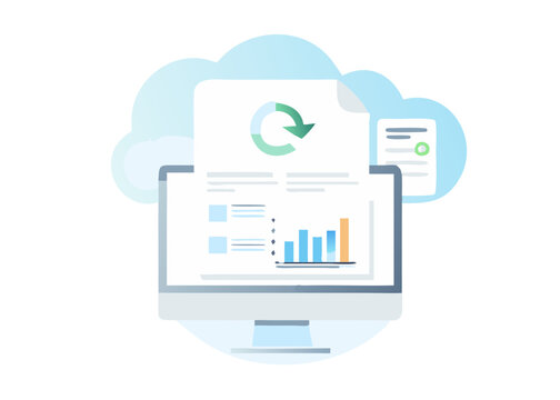 Cloud Based Data Analysis and Reporting with Computer Screen Documents and Graph Showing Data Visualization and Business Intelligence in a Modern