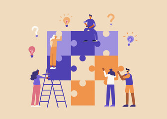 Teamwork and Collaboration Concept with People Assembling a Puzzle with Lightbulbs and Question Marks Representing Ideas and Solutions