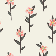 
Pretty hand painted flowers with stems and leaves as a minimalist botanical floral pattern in colors of pink, peach, yellow and green on off-white background. Seamless vector pattern. Great for home.