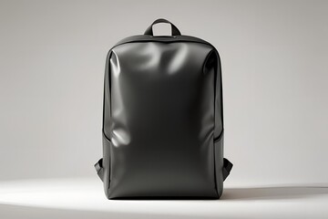 A matte black backpack shown from the front view, placed on a seamless white background, soft diffused lighting highlighting the backpack’s shape and texture.