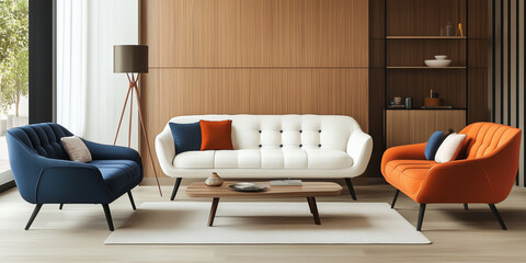 Orangefarbene und blaue Sessel und ein weißes Sofa vor einem Holzschrank. Skandinavisches Innendesign eines modernen Wohnzimmers.