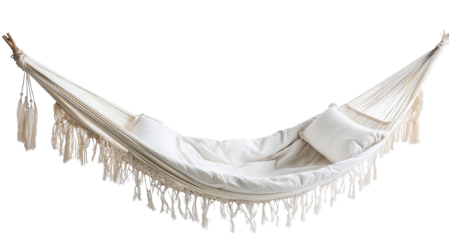 Cozy white hammock for relaxation and leisure isolated on white background

