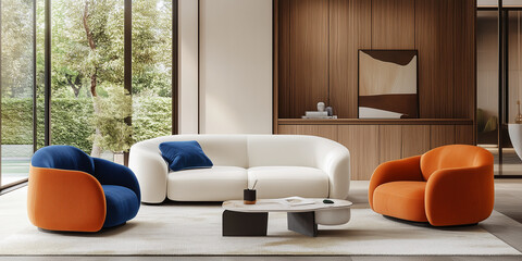 Orangefarbene und blaue Sessel und ein weißes Sofa vor einem Holzschrank. Skandinavisches Innendesign eines modernen Wohnzimmers.