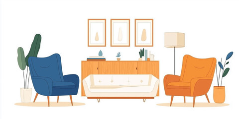Orangefarbene und blaue Sessel und ein weißes Sofa vor einem Holzschrank. Skandinavisches Innendesign eines modernen Wohnzimmers.