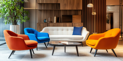 Orangefarbene und blaue Sessel und ein weißes Sofa vor einem Holzschrank. Skandinavisches Innendesign eines modernen Wohnzimmers.